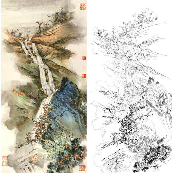 The work stroke white sketching manuscript upright amplitude of landscape objects white paper printing manuscript Hu also Buddha -HY45