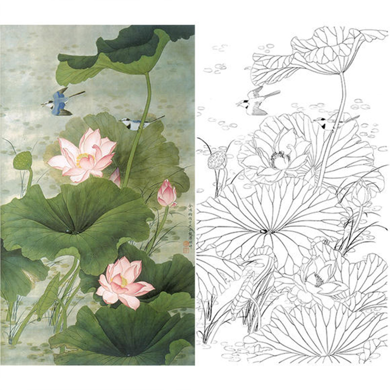 工筆畫底稿白描畫稿打印稿豎幅四尺荷花花鳥60*105金鴻鈞荷花JR09