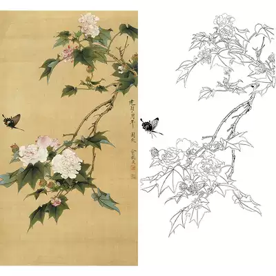 Gongbi painting white sketch background draft Yu Zhizhen Furong Papilio original large physical print draft 51*93 with color pattern 674T