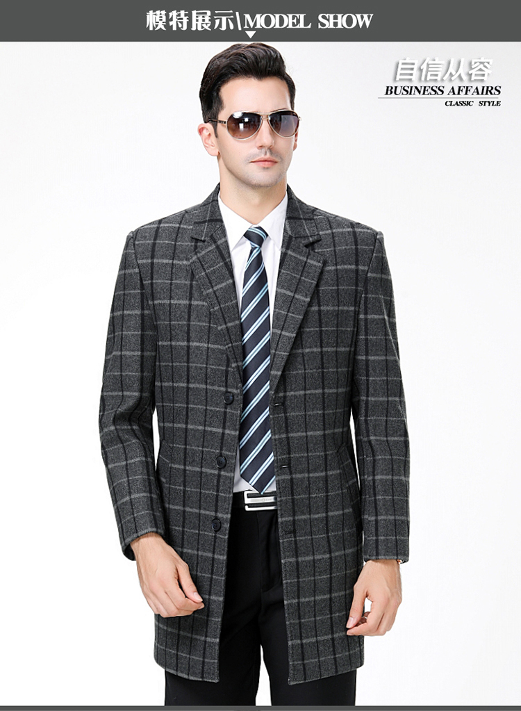 Áo khoác len Playboy chính hãng nam dài phần mùa thu và mùa đông phù hợp với cổ áo kẻ sọc len len cashmere áo khoác jean nam