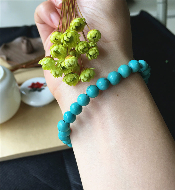 手饰/手串 迷人小精品 高瓷高蓝 原矿绿松石手链 深蓝玉化 湖北洞子沟 7mm