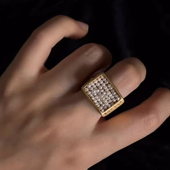 European and american light luxury black rhinestone square opening adjustable women's ring