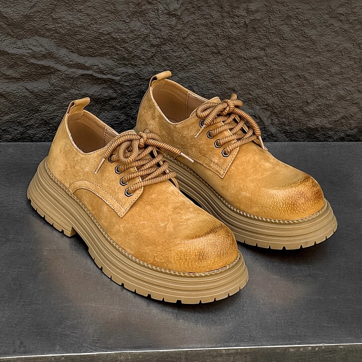 American Retro Work Shoes for Men, Genuine Leather Height-Increasing Big-Toe Shoes, Casual Leather Shoes, Couple Style Low-Top Martin Boots for Women