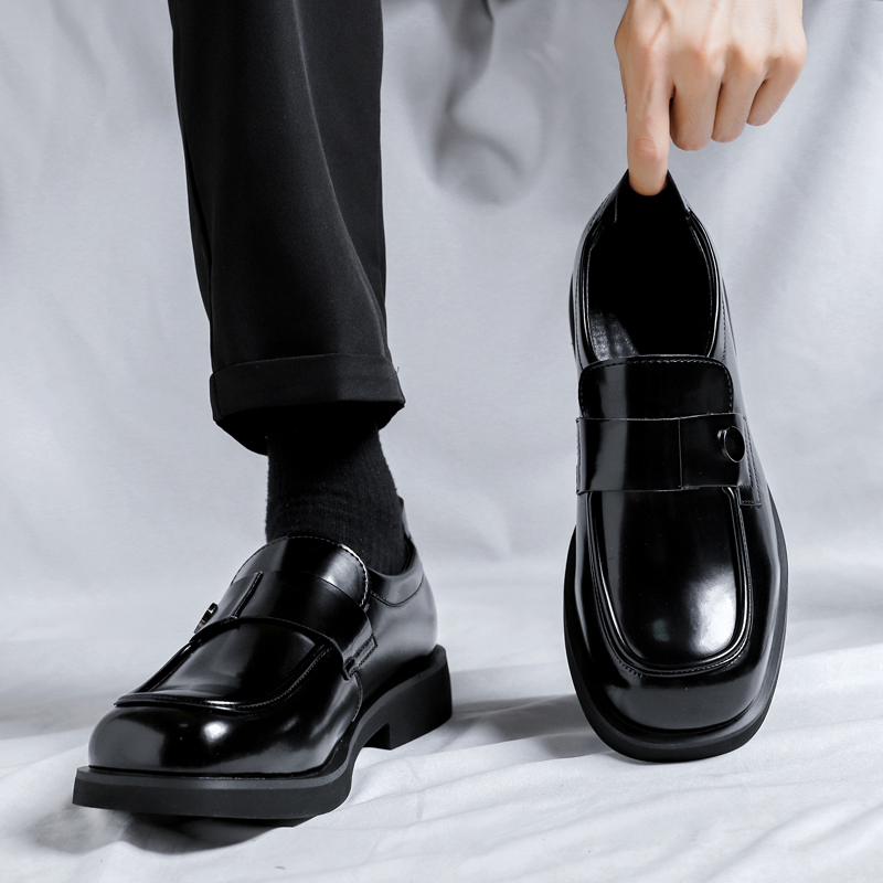 Square-Toe Leather Shoes for Men, Business Formal Wear, Genuine Leather Slip-On Loafers, Black Patent Leather Commuter Derby Shoes for Women