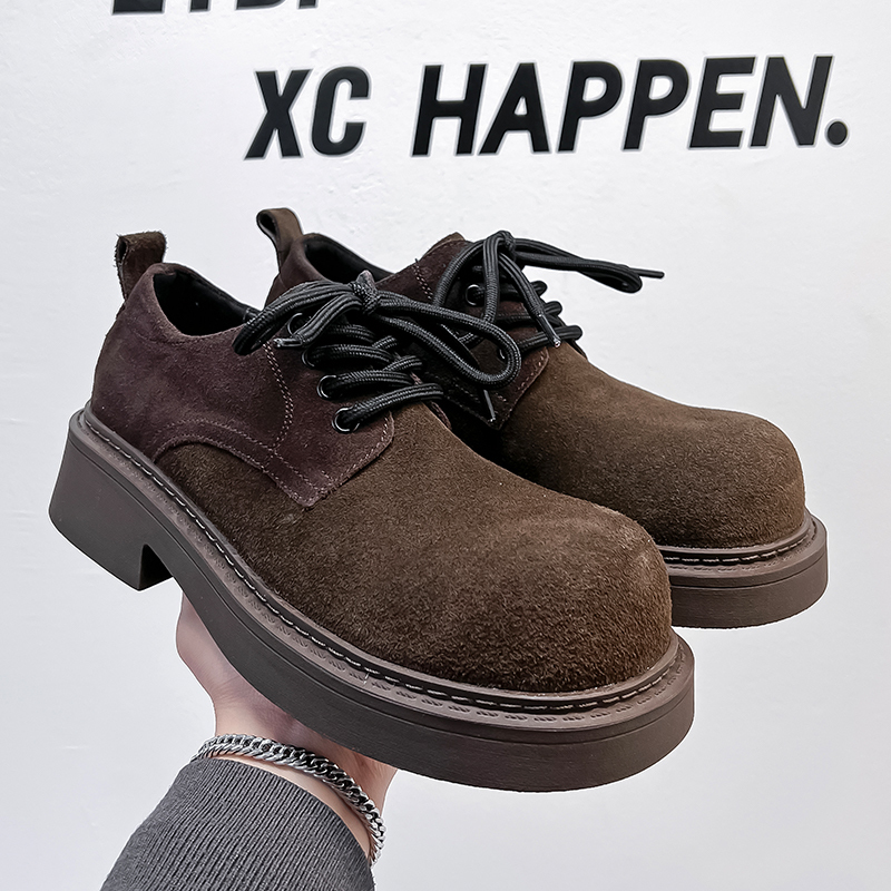 Mickey Derby Shoes for Men, Cleanfit Brown Leather Shoes, Thick-Soled Height-Increasing Work Shoes, Niche Retro Big-Toe Shoes