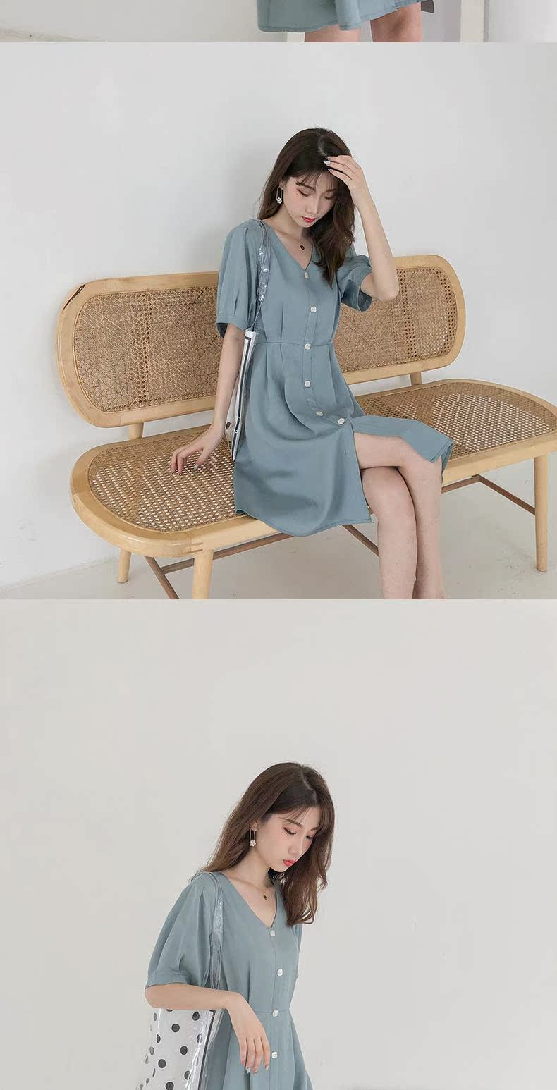 Thời trang hoang dã mùa hè mới V-cổ retro Váy dài ngực đơn kiểu Hepburn Một chiếc váy nữ từ W10777 - A-Line Váy mẫu váy nhung xòe