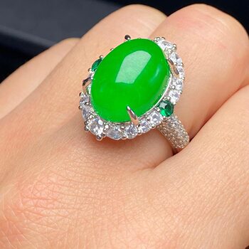 Natural jade sun green cabochon ring silver inlaid with full green opening oval dove egg ring for women versatile jade jewelry