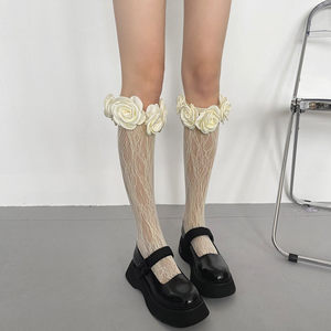 ins Xiaohongshu Camellia Lace Ruffle Socks Sweet Cool Candy Color Millennial Hot Girl Mid-Calf Lace Socks for Women