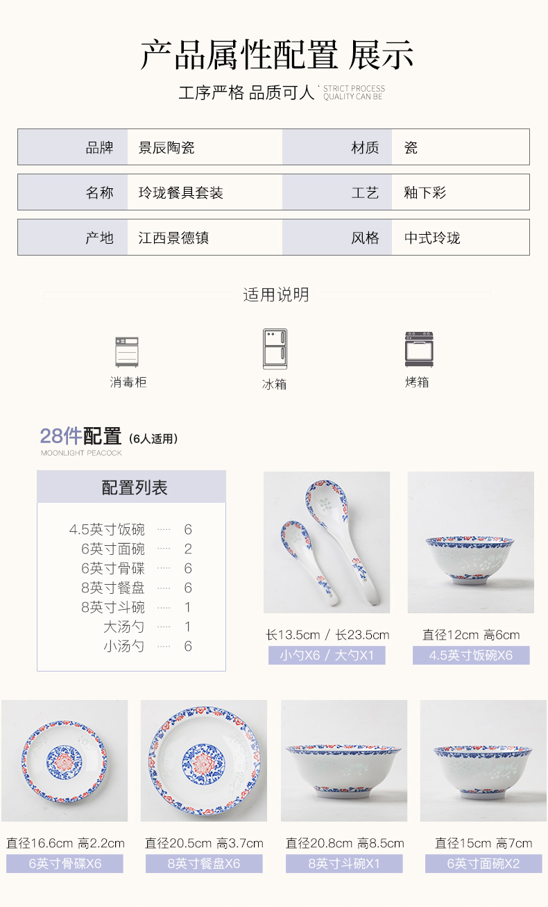 Jingdezhen blue and white porcelain tableware suit exquisite dishes home wedding gifts ceramic dishes Chinese contracted tableware