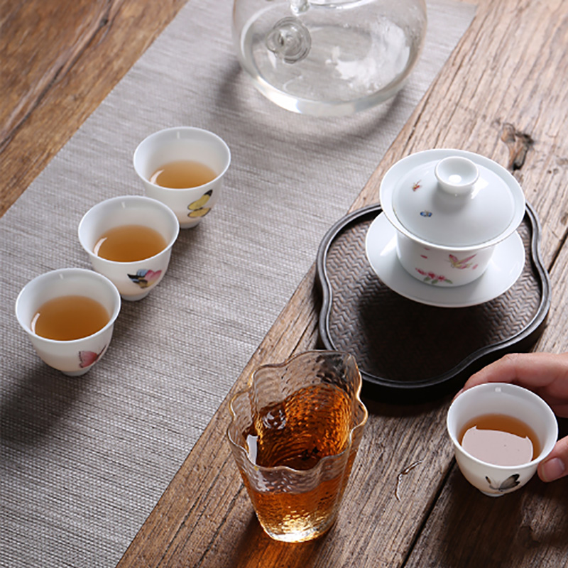 Jingdezhen hand - made kung fu tea set suit household sample tea cup white porcelain three tureen ceramic famille rose, a whole set of cups