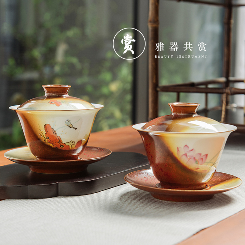 Jingdezhen ancient hand - made only three tureen tea cups a single large thickening tea bowl with cover tea set heat