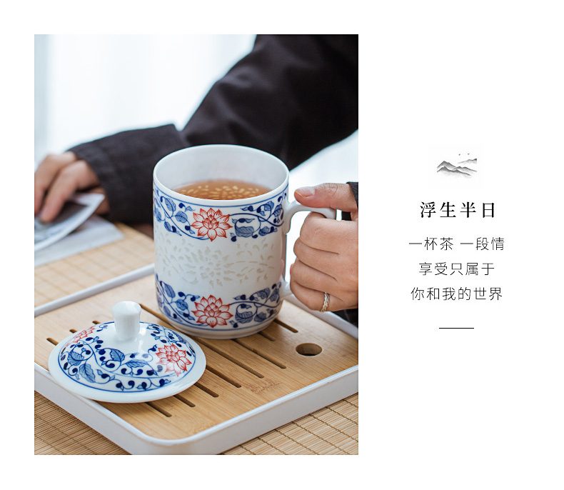 Jingdezhen blue and white youligong ceramic cups hand - made office of restoring ancient ways and exquisite cup tea cups with cover glass