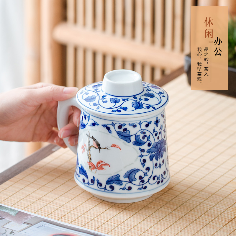 Jingdezhen and exquisite porcelain office blue and white powder enamel tea cup hand - made separation filter cup tea cups