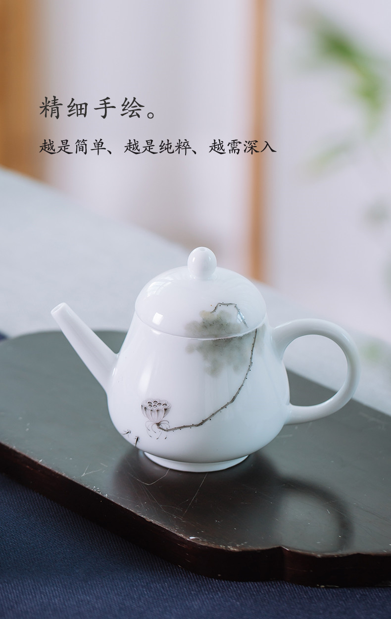 Pure hand draw lotus tea one single mini teapot for a single small white porcelain handle hand grasp pot of jingdezhen