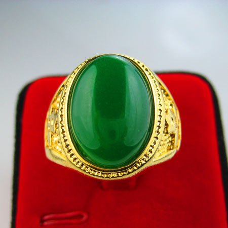 Gold ring men's female section 9999 foot gold pure gold inlaid jade 24K gold green emerald opening living mouth