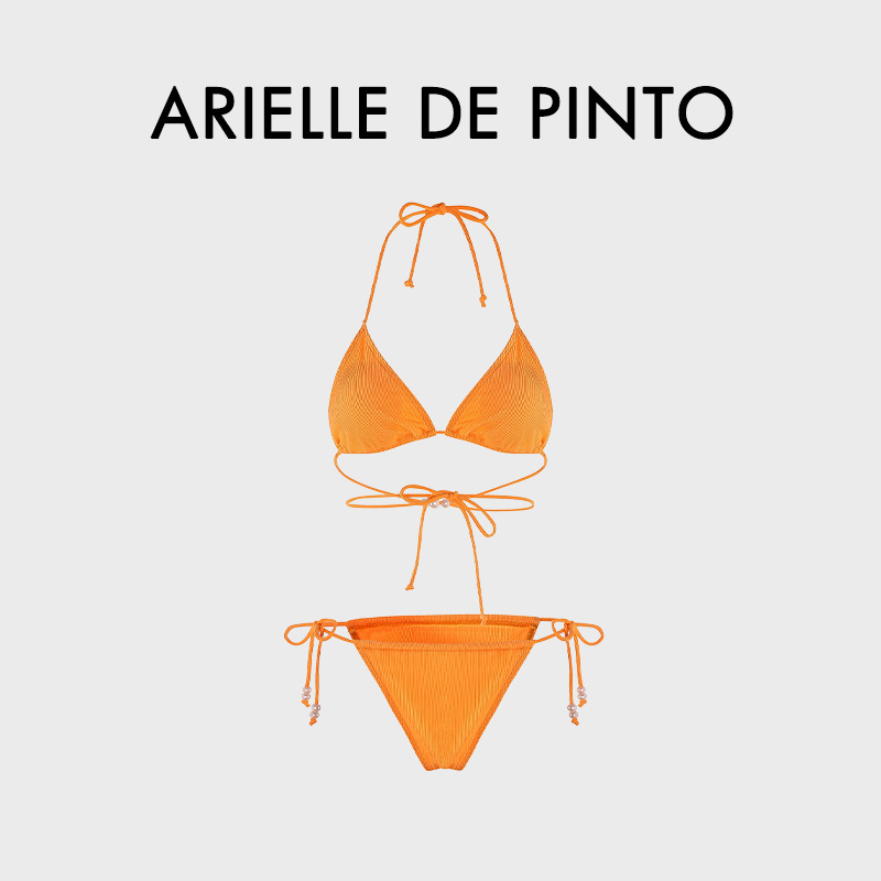 French Arielle De Pinto New Bikini Striped Sexy Pearl Strap Swimsuit Tie-Up Two-Piece