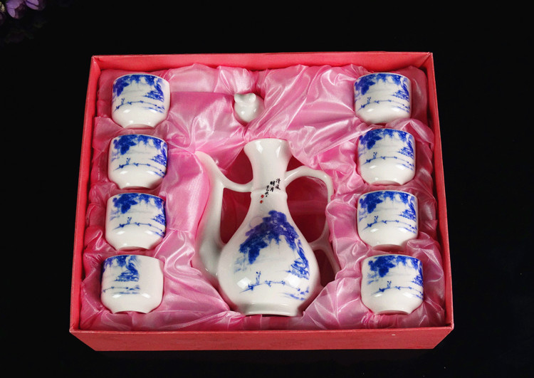 Rượu vang trắng rượu vang vàng chai rượu vang thủy tinh phong cách Trung Quốc rượu vang cổ đặt bộ bình hông hộ gia đình bình hông chín bộ ưu đãi đặc biệt - Rượu vang cốc uống rượu