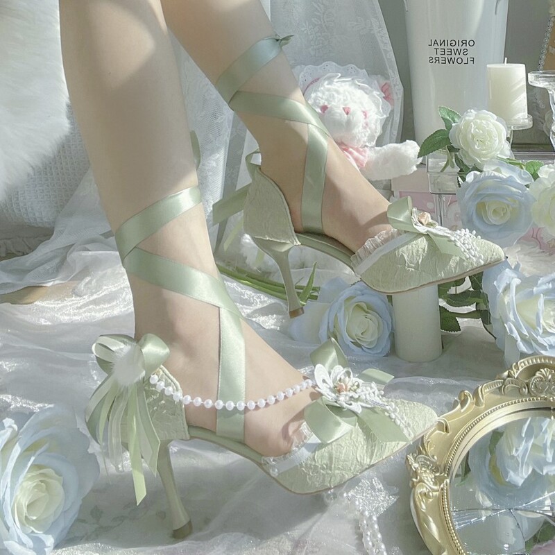 Xiao Yao Jing Handmade Wakakusa Green Lolita High Heels [Green Curl] with Detachable Shoe Straps and Clips, Pharmacist