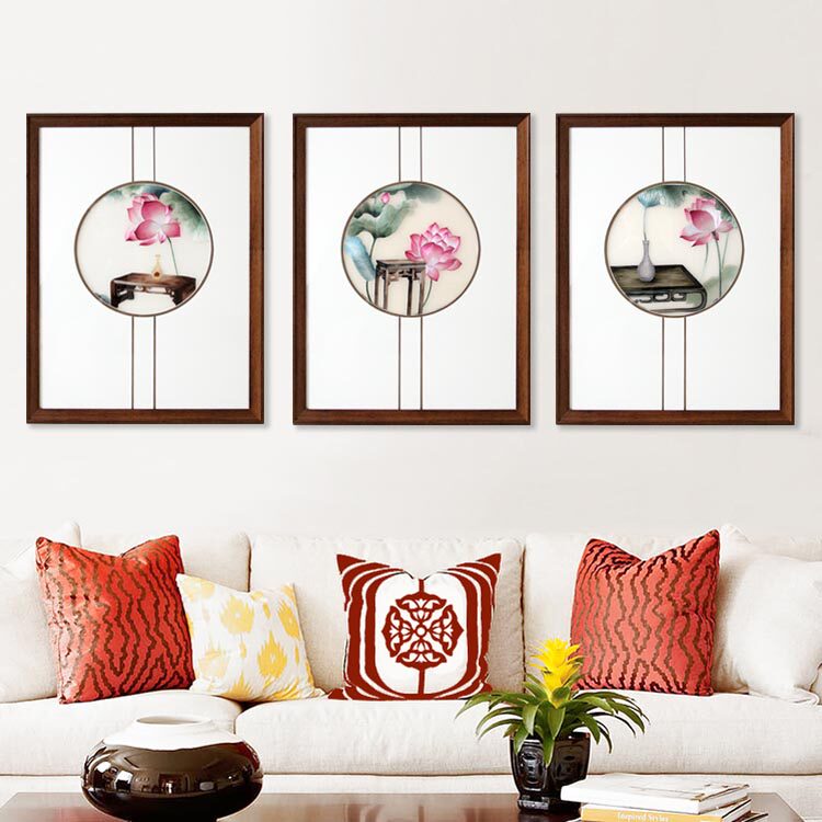 Hunan Embroidery Boutique Lotus Living Room Bedroom Decorative Painting Pure Handicraft Embroidery Hanging Painting Art Craft Gift Decoration