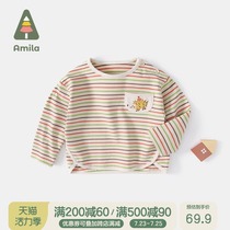 Amila Ah Mi la childrens clothing 2021 new girls striped T-shirt spring and autumn baby foreign style pure cotton inside clothes