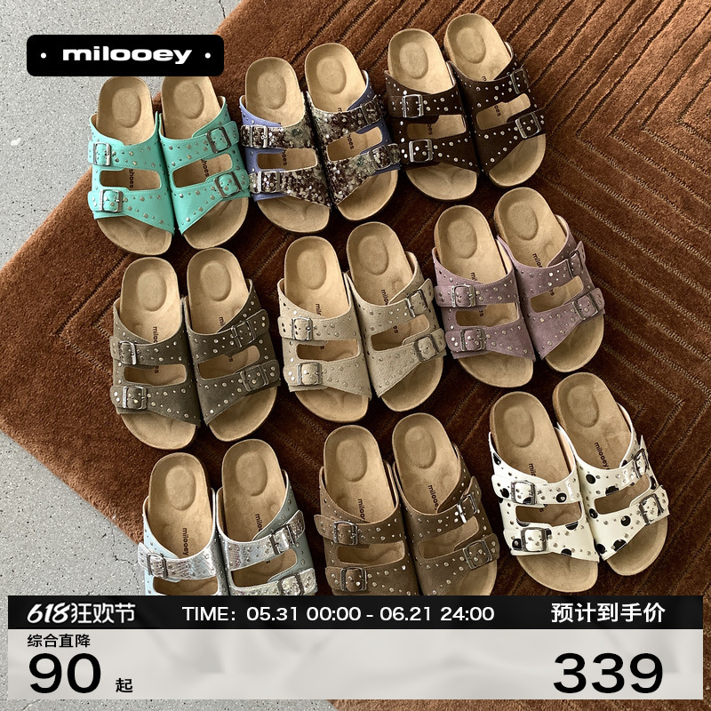 Lost Elk [Starry Birkenstock] Retro Genuine Leather Open-Toe Birkenstock Sandals Women's Slip-On Flat Slippers