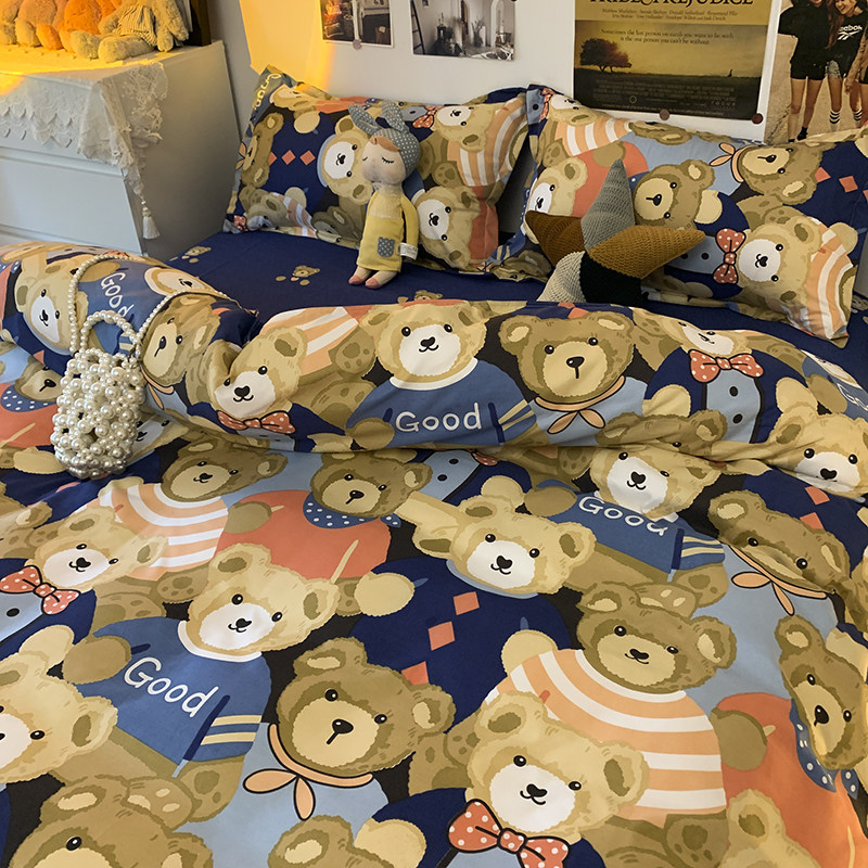 Net red tide brand bear four-piece set ins wind double bed 1 5m1 8m dormitory single bed quilt cover bedding