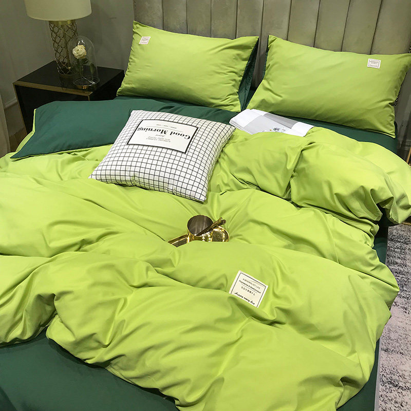 ins tide brand Nordic quilt cover solid color avocado green bed cover four-piece bed sheet student dormitory three-piece set 4