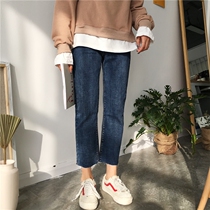 Large size dark blue jeans female autumn and winter fat sister slim high waist straight pants hip wide big thick leg girl pants