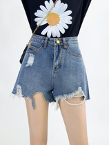 Large hole jean shorts female summer 2023 new 200 kg fat sister mm irregular high waist broad legs