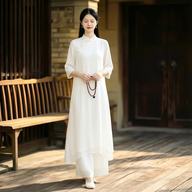 New Chinese-Style Cotton and Linen White Improved Hanfu Dress Zen Tea Suit Set for Women, Mid-Length Top and Wide-Leg Pants Set New Chinese-Style Cotton and Linen White Improved Hanfu Dress Zen Tea Suit Set for Women, Mid-Length Top and Wide-Leg Pants Set