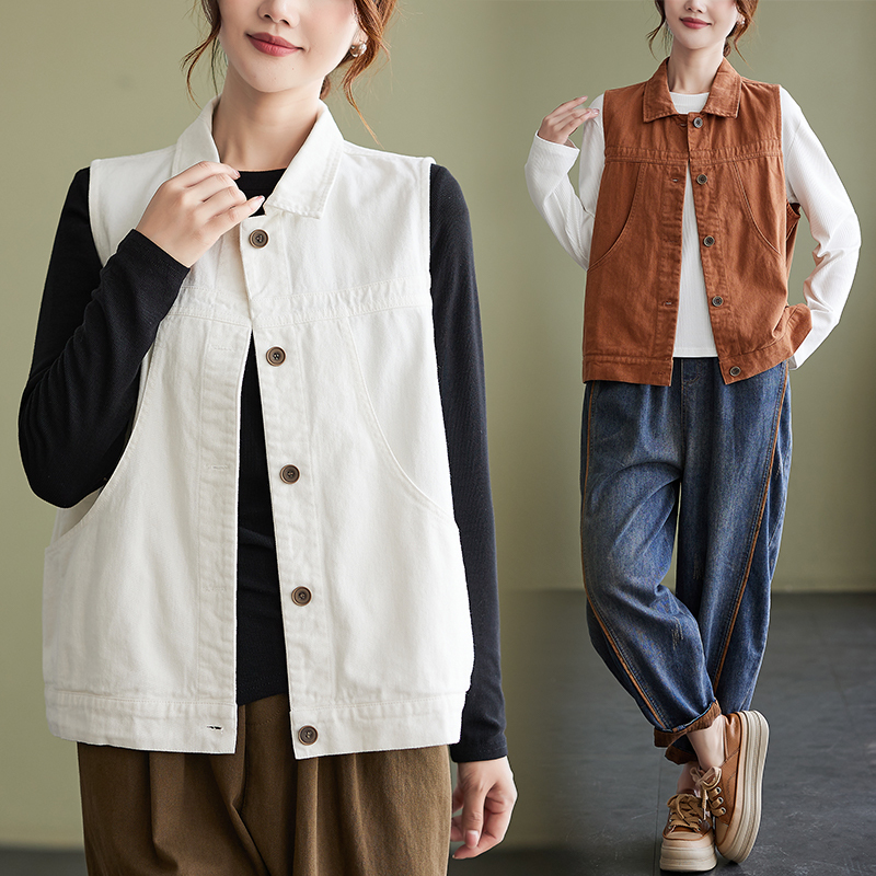 Artistic Retro Sleeveless Vest Jacket, Stylish and Youthful Ribbed Cardigan, Workwear Style Short Coat for Spring and Summer