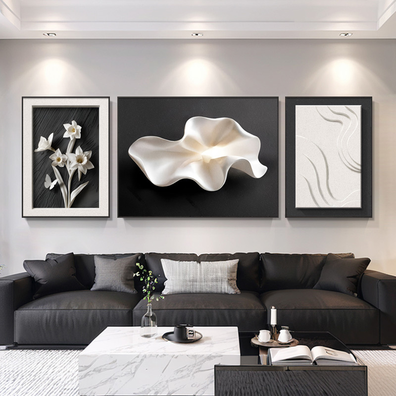 Minimalist High-End Living Room Decorative Painting Modern Simple Sofa Background Wall Painting Black and White Sandstone Texture Triptych