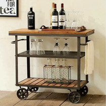 Iron Art Solid Wood Retro Dining Car Wine Water Tea Water Trolley Mobile Kitchen Shelve Triple Trolley Dining Side Cabinet