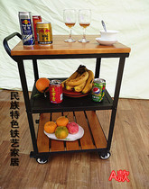 American Wrought iron dining car Solid wood retro trolley Dining side cabinet Kitchen restaurant shelf Wine glass rack Mobile wine cart