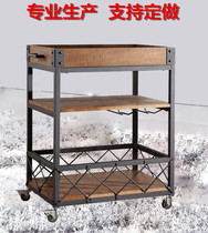 American Wrought iron solid wood dining car Retro trolley Dining side cabinet Restaurant shelf Mobile wine rack Wine glass rack
