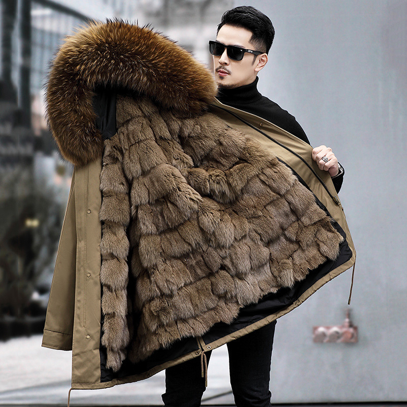 Haining 2026 New Autumn and Winter Parka for Men with Detachable Fox Fur Lining, Mid-Length Fur Coat