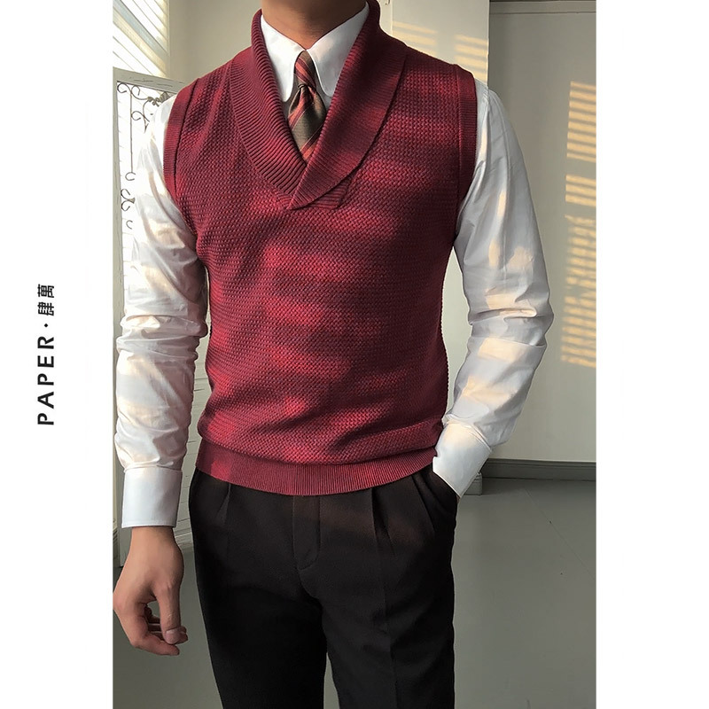Paper Sihwan Autumn and Winter Green Fruit Collar Knitwear Casual Retro Red Sweater Vest Commuting Pullover Vest for Men