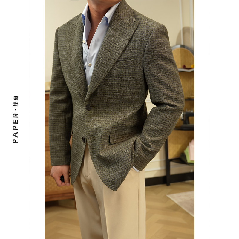 Paper Sihwan Italian Naples Dark Green Plaid Suit Men's Fashion Casual Autumn Jacket Suit