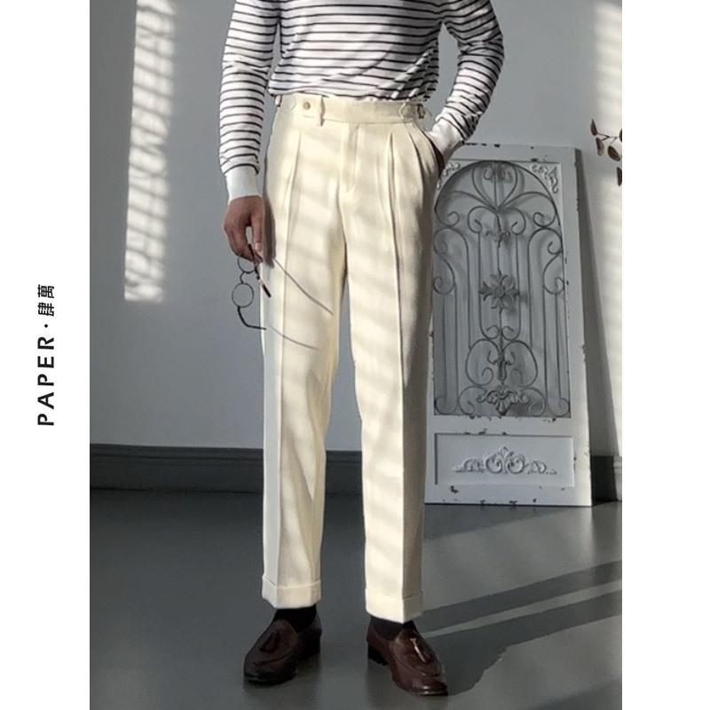 Paper 0m White Naples-Style Trousers for Daily Commuting, Drapey Long Pants, Navy Blue Versatile Casual Pants
