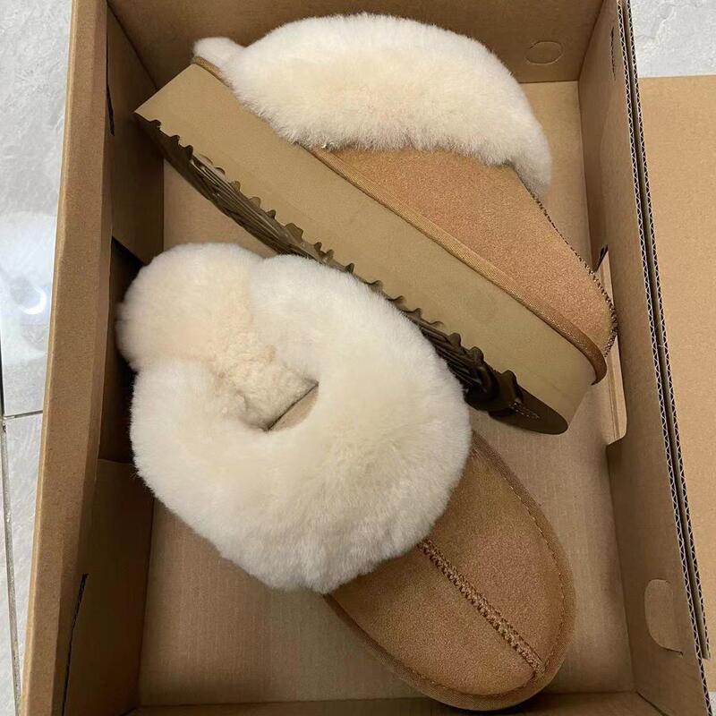 Thick-Soled Furry Slippers for Women, Winter Leather and Fur Integrated Closed-Toe Home Snow Boots, Half Slippers, Wool Height-Increasing Slippers Thick-Soled Furry Slippers for Women, Winter Leather and Fur Integrated Closed-Toe Home Snow Boots, Half Slippers, Wool Height-Increasing Slippers