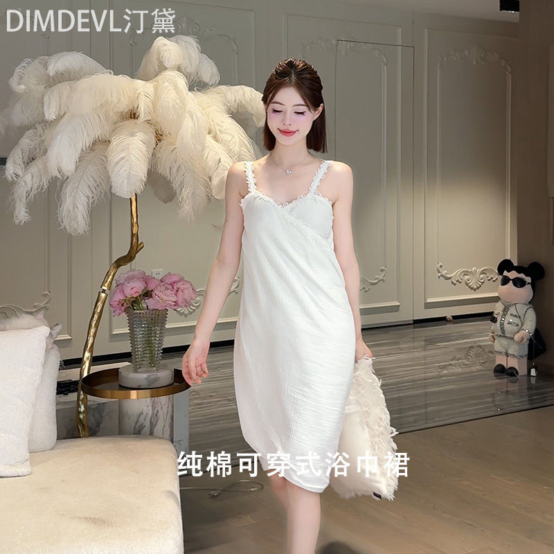Dimdevl Tingdai 26 Summer New Style Bath Skirt for Women 100% Pure Cotton Wearable Lace Bath Towel Nightgown with Straps