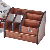 Huixing wooden multi-function pen holder with drawer Desktop stationery remote control Cosmetics storage box Gift customization