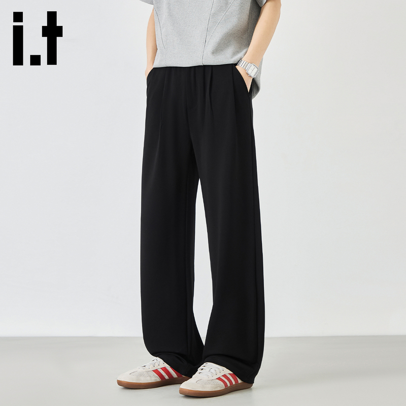 I.T Izzue Old Money Style Black Wide-Leg Pants for Men, Summer Casual Straight-Leg Pants, High-End Drapey Loose Long Pants I.T Izzue Old Money Style Black Wide-Leg Pants for Men, Summer Casual Straight-Leg Pants, High-End Drapey Loose Long Pants