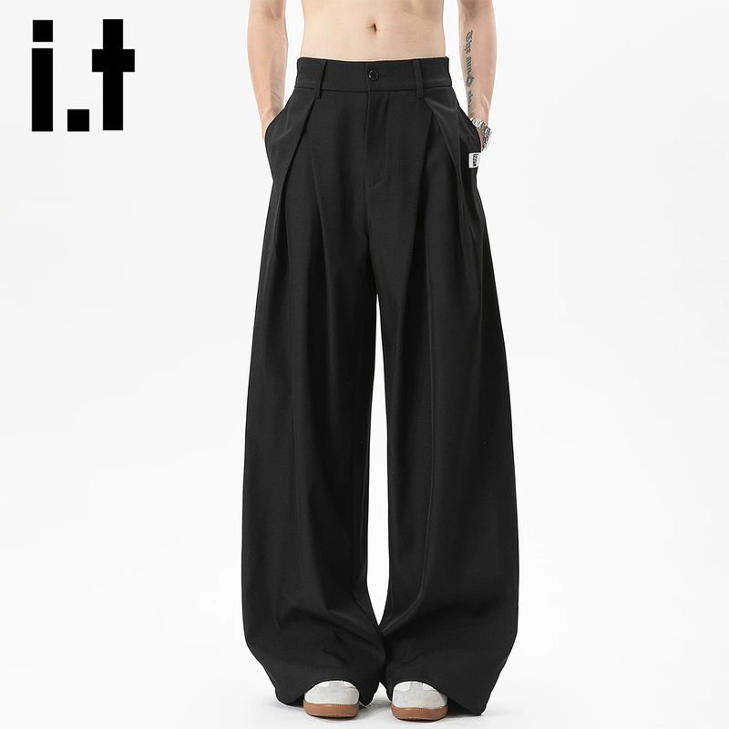 It Izzue American-Style Black High-End Casual Pants for Men, Autumn Trendy Pleated High-Street Drape Straight-Leg Pants