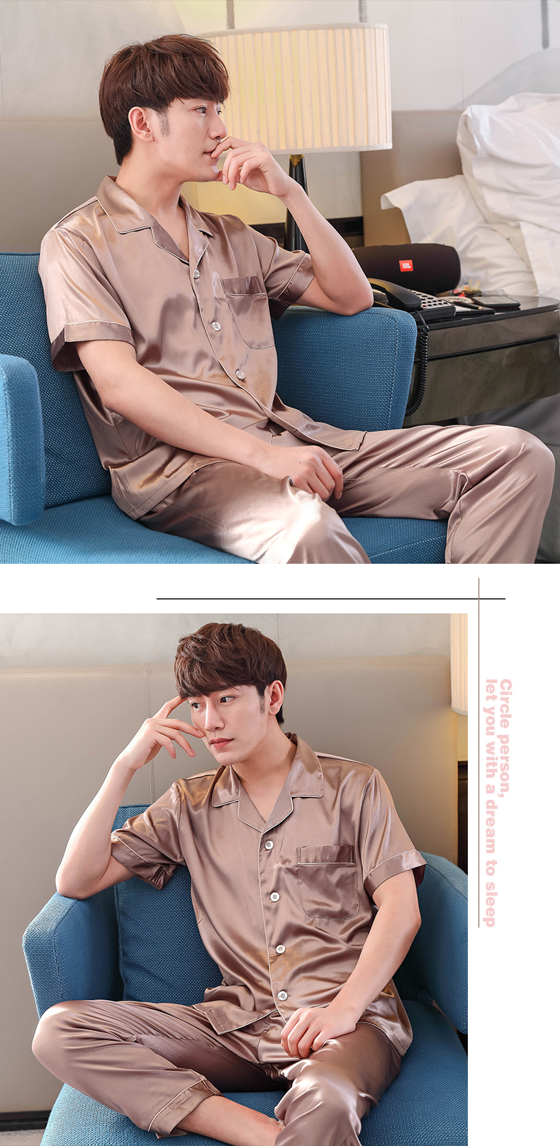 Đắt tiền thêu nam giới và phụ nữ vài bộ đồ ngủ lụa mùa hè ngắn tay lụa ngắn tay phù hợp với hai mảnh nhà dịch vụ đồ bộ kiểu mới