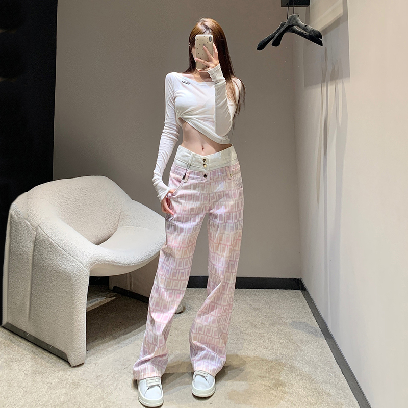 Sister Kelly Gradient Embossed Letter All-Over Print Straight-Leg Jeans for Women, Summer Dopamine Fashion Slimming Long Pants Sister Kelly Gradient Embossed Letter All-Over Print Straight-Leg Jeans for Women, Summer Dopamine Fashion Slimming Long Pants