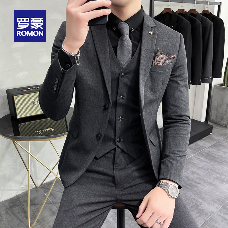 Luomeng suit suit men's autumn and winter double switch fork slim fit two button suit three-piece groom wedding dress solid color