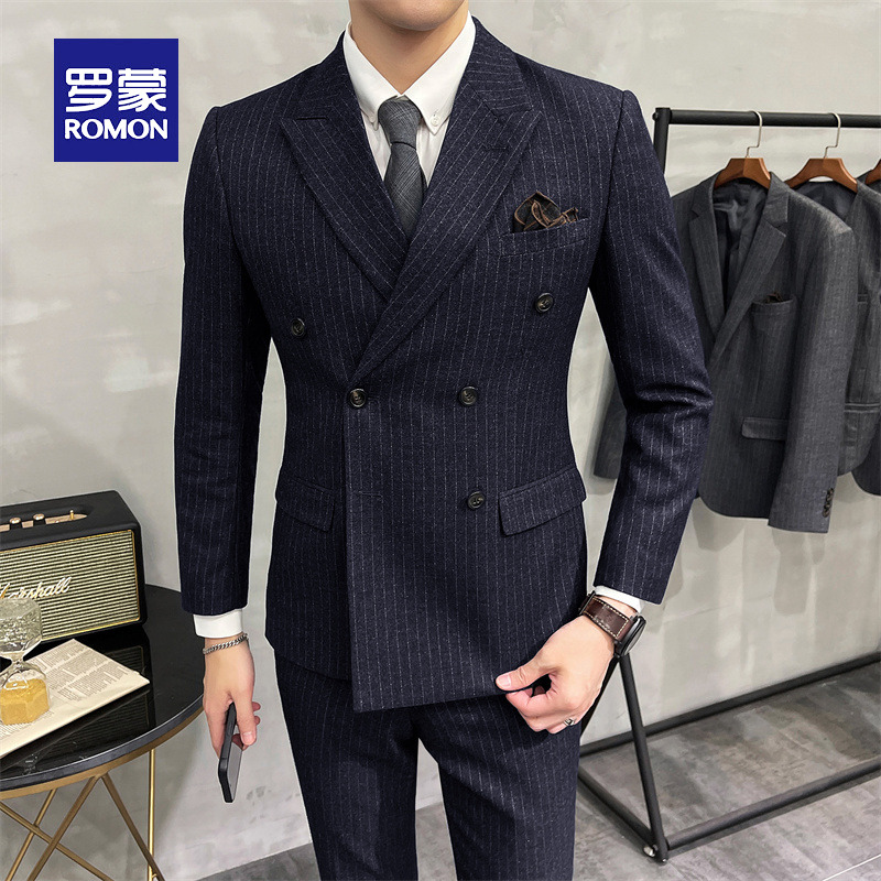Luomeng Tibetan blue suit suit men's three-piece Korean version slim striped double-breasted groom suit wedding dress