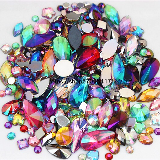 18g, Approximately 300 Pieces of Ab Iridescent Mixed Size and Shape Acrylic Flat-Bottomed Non-Porous Rhinestones for DIY Jewelry and Nail Art Accessories