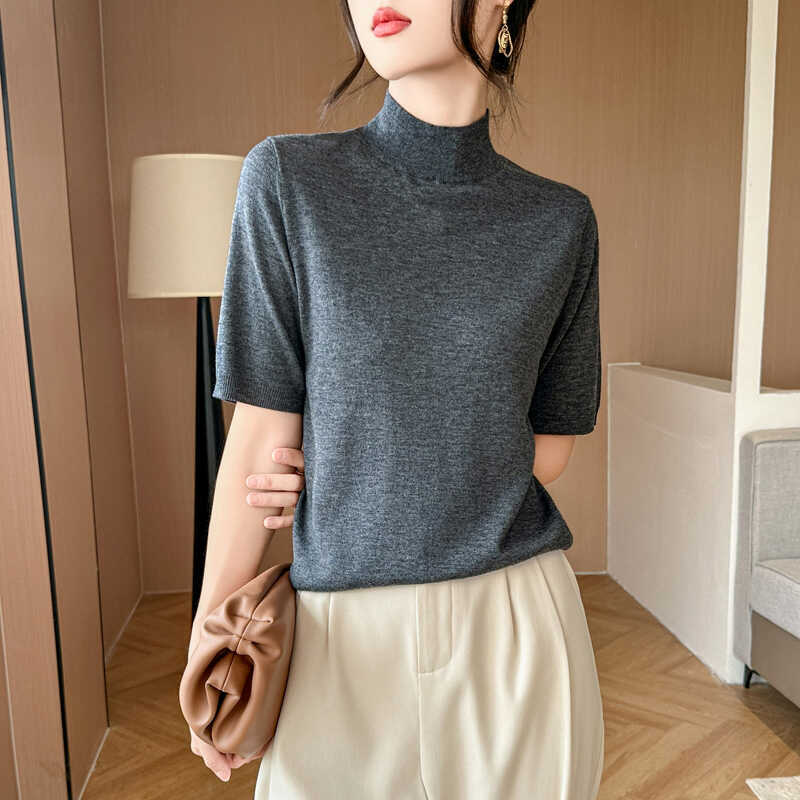 Wool Knit Sweater for Women, Autumn and Winter, Half-High Collar, Half-Sleeve Pullover, Thin Short-Sleeve T-Shirt, Base Layer Top Wool Knit Sweater for Women, Autumn and Winter, Half-High Collar, Half-Sleeve Pullover, Thin Short-Sleeve T-Shirt, Base Layer Top